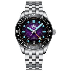 Stříbrné pánské hodinky Phoibos Watches s ocelovým páskem GMT Wave Master 200M - PY049H Purple Automatic 40MM