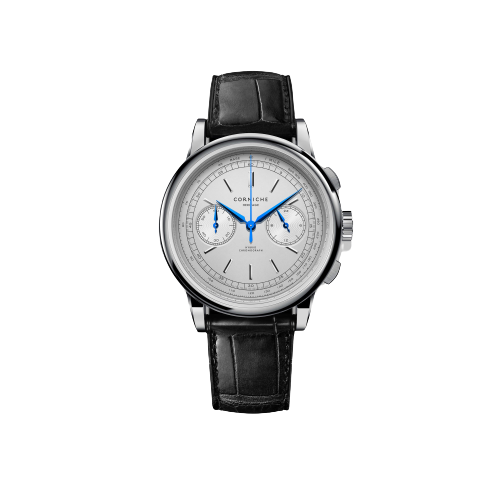Srebrny męski zegarek Corniche ze skórzanym paskiem Chronograph Steel with White dial 39MM