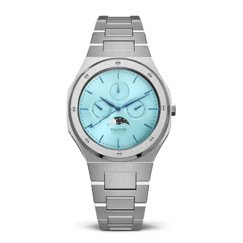 Montre Valuchi Watches pour homme en argent avec bracelet en acier Lunar Calendar - Silver Ice Blue 40MM