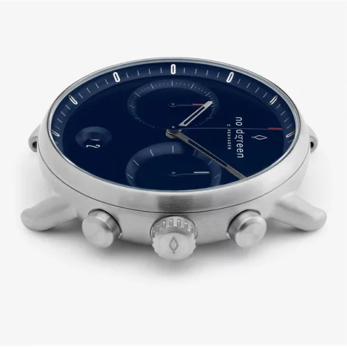 Ασημένιο ρολόι Nordgreen για άντρες με δερμάτινη ζώνη Pioneer Navy Dial - Brown Leather / Silver 42MM