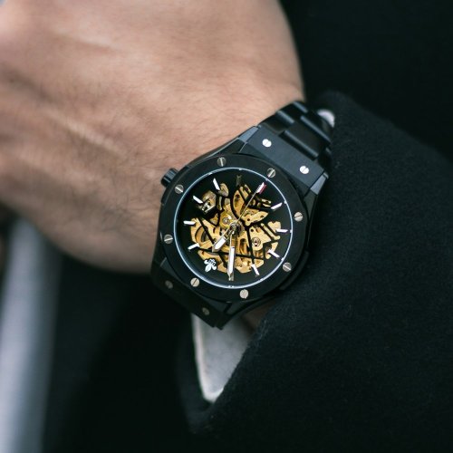 Čierne pánske hodinky Ralph Christian s gumovým pásikom Prague Skeleton Deluxe - Black Automatic 44MM