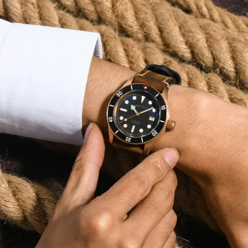 Goldene Herrenuhr Aquatico Watches mit Ledergürtel Bronze Sea Star Black Ceramic Bezel Automatic 42MM