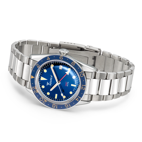 Męski srebrny zegarek Squale ze stalowym paskiem Sub-39 GMT Vintage Blue Bracelet - Silver 40MM Automatic