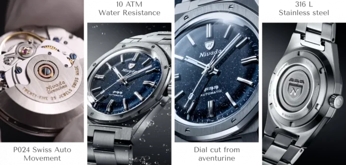 Męski srebrny zegarek Nivada Grenchen ze stalowym paskiem F77 DARK BLUE 68010A77 37MM Automatic