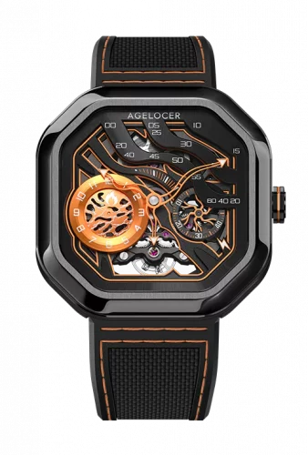 Czarny zegarek męski Agelocer Watches z gumowym paskiem Volcano Series Black / Orange 44.5MM Automatic