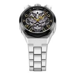 Stříbrné pánské hodinky Bomberg s ocelovým páskem CHRONO SKULL THROWBACK EDITION - SILVER 44MM Automatic