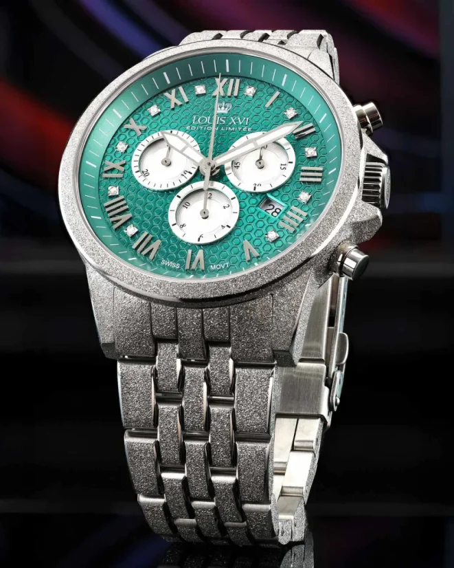 Men's silver Louis XVI watch with steel strap Frosted Aramis 2.0 With Diamonds - 3625 Silver 43MM