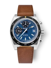 Men's silver Nivada Grenchen watch with leather strap CHRONOSPORT Blue 77003A16 38MM Automatic