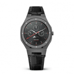 Černé pánské hodinky Valuchi Watches s koženým páskem Lunar Calendar - Gunmetal Black Leather 40MM