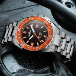 Strieborné pánske hodinky Delma Watches s ocelovým pásikom Shell Star Silver / Orange 44MM