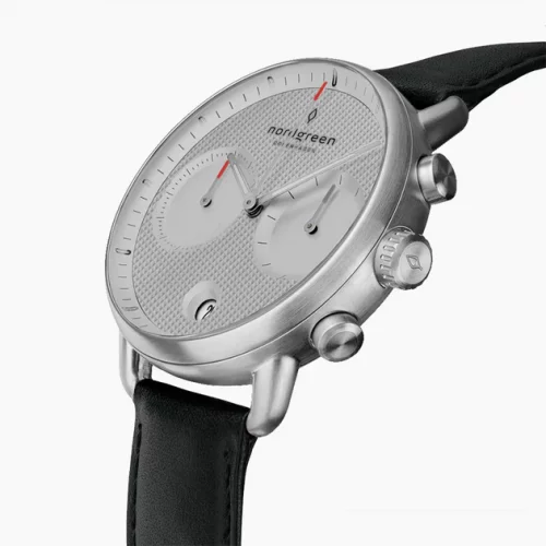 Strieborné pánske hodinky Nordgreen s koženým pásikom Pioneer Textured Grey Dial - Black Leather / Silver 42MM