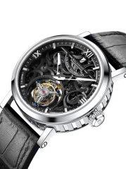 Stříbrné pánské hodinky Waldhoff s koženým páskem Metropolis Obsidian Black 41MM Automatic