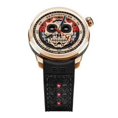 Złoty męski zegarek Bomberg Watches ze skórzanym paskiem DÍA DE LOS MUERTOS GOLDEN 43MM Automatic