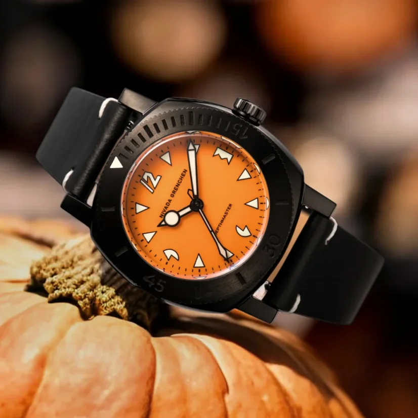 Men's black Nivada Grenchen watch with leather strap Depthmaster Black Pumpkin 14131A15 39MM Automatic