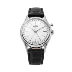 Srebrni muški sat Vulcain s kožnim remenom Cricket President Silver Steel Case Back - BLACK CALF SKIN LEATHER ALLIGATOR-PRINTED 38MM Automatic