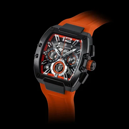 Čierne pánske hodinky Ralph Christian s gumovým pásikom The Intrepid Sport - Neon Orange 42,5MM