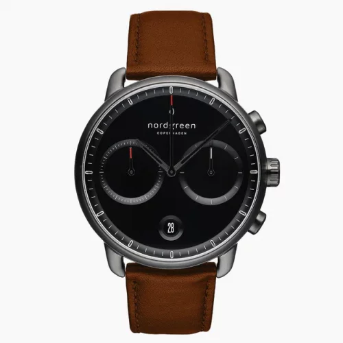 Μαύρο ρολόι Nordgreen για άντρες με δερμάτινη ζώνη Pioneer Black Dial - Brown Leather / Gun Metal 42MM