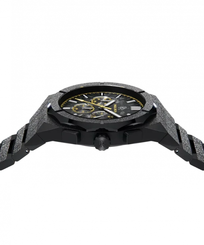 Schwarze Herrenuhr Paul Rich mit Stahlband Frosted Motorsport - Black / Yellow 45MM Limited edition