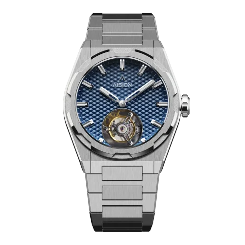 Men's silver Aisiondesign Watches with steel Tourbillon Hexagonal Pyramid Seamless Dial - Blue 41MM