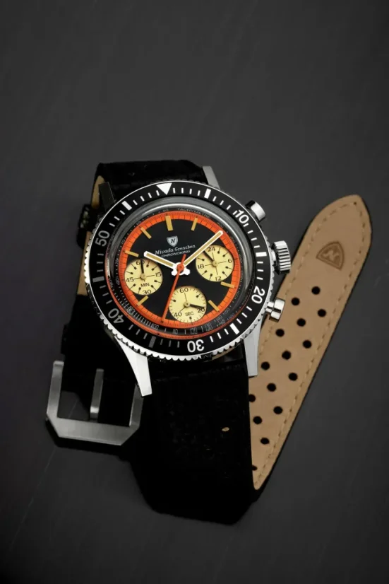 Men's silver Nivada Grenchen watch with leather strap Chronoking Paul Newman Orange Brown Racing Leather 87034Q23 38MM