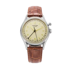 Srebrny zegarek męski Vulcain ze skórzanym paskiem Cricket Tradition Brown Calf Skin leather Alligator-Printed Steel Case Back - Eggshell 36MM Automatic