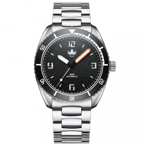 Muški srebrni sat Phoibos Watches s čeličnim remenom Reef Master 200M - Pitch Black Automatic 42MM