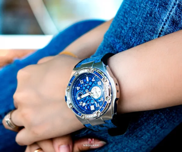 Męski srebrny zegarek Nsquare ze skórzanym paskiem SnakeQueen Silver / Blue 46MM Automatic