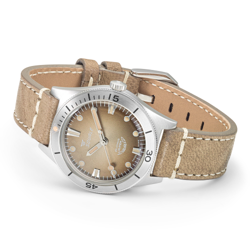 Męski srebrny zegarek Squale ze skórzanym paskiem Super-Squale Sunray Brown Leather - Silver 38MM Automatic