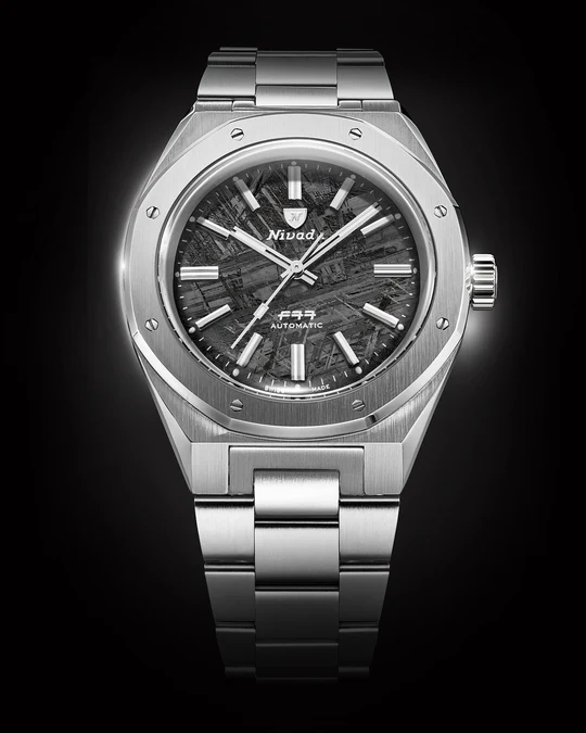 Men's silver Nivada Grenchen watch with steel strap F77 STAINLESS STEEL METEORITE 69041A77C With Date 41MM Automatic