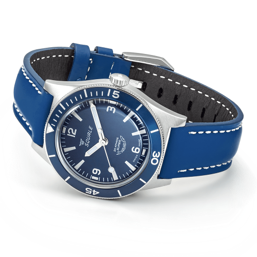 Męski srebrny zegarek Squale z gumowaną skórą Super-Squale Arabic Numerals Blue Leather - Silver 38MM Automatic