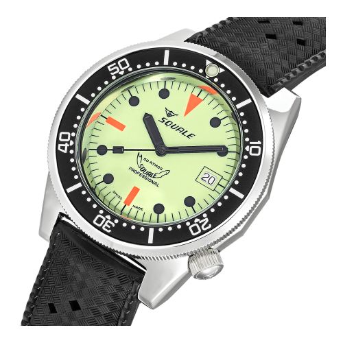 Relógio Squale prata para homens com pulseira de borracha 1521 Full Luminous - Silver 42MM Automatic