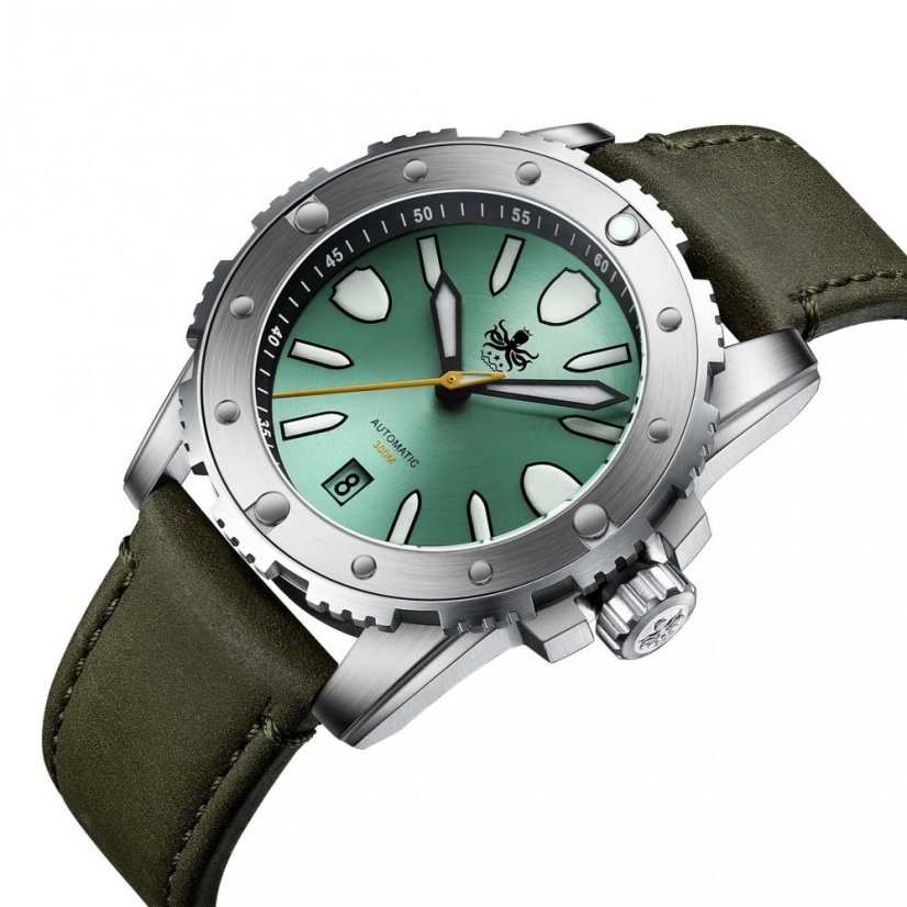 Men s silver Phoibos watch with leather strap Great Wall 300M Green Automatic 42MM Limited Edition