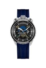 Stříbrné pánské hodinky Bomberg s gumovým páskem PIRATE SKULL BLUE 45MM