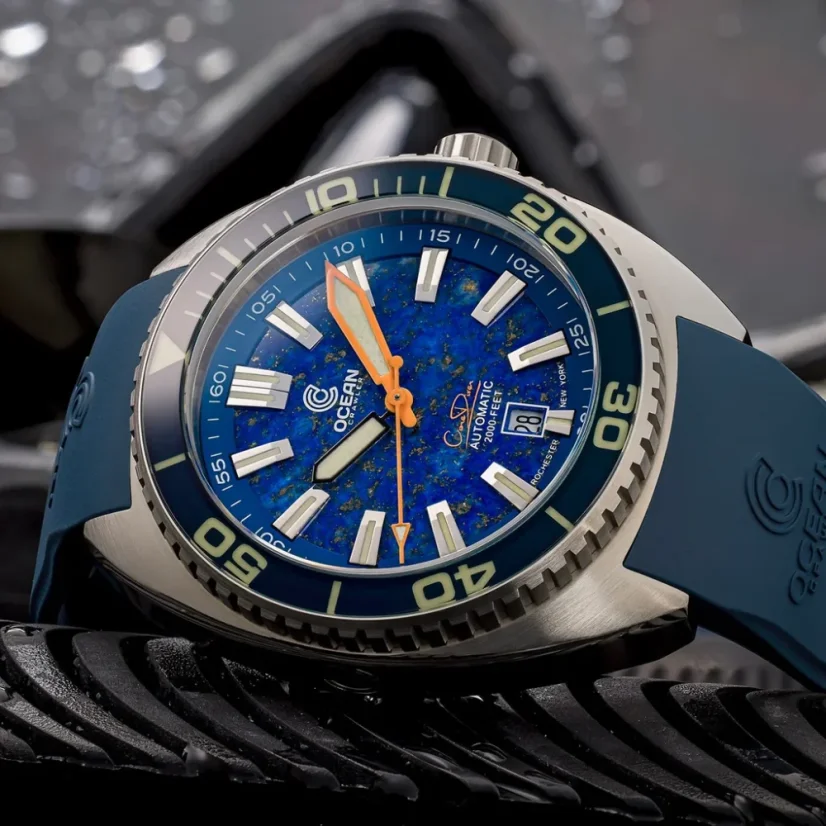 Montre Oceancrawler Watches pour homme en argent avec bracelet en acier Core Diver - Lapis Lazuli Edition 44MM