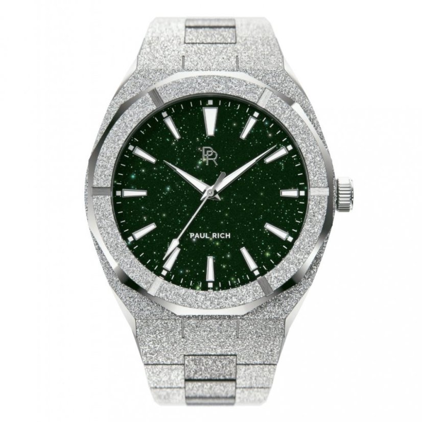 Men's silver Paul Rich watch with steel strap Frosted Star Dust - Green Silver 42MM