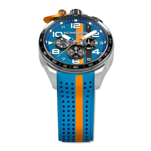 Montre Bomberg Watches pour homme de couleur argent avec bracelet en caoutchouc RACING 4.2 Blue / Orange 45MM