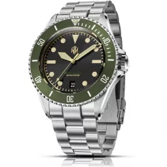 Stříbrné pánské hodinky NTH Watches s ocelovým páskem Barracuda Vintage Legends Series No Date - Green Automatic 40MM