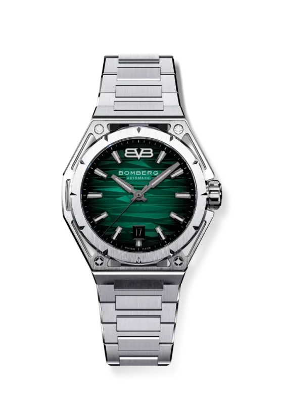 Men's silver Bomberg Watch with steel strap EDGE GREEN 43MM Automatic