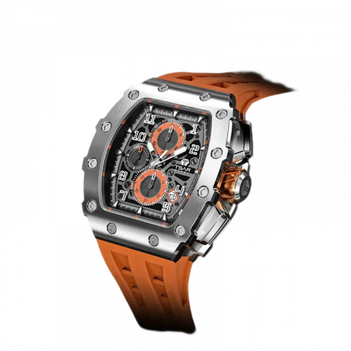 Srebrny zegarek męski Tsar Bomba Watch z gumką TB8204Q - Silver / Orange 43,5MM