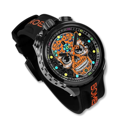 Reloj Bomberg Watches negro con banda de goma SUGAR SKULL ORANGE 45MM