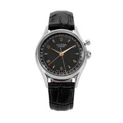 Men's silver Vulcain watch with leather strap Cricket Tradition Black Calf Skin Leather Alligator - Printed Steel Case Back - Black & Gold 39MM Automatic