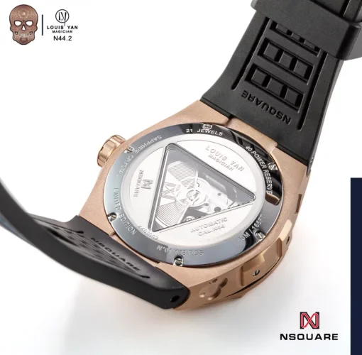 Zlaté pánské hodinky Nsquare s koženým páskem The Magician Gold / Blue 46MM Automatic