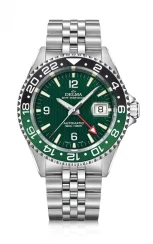 Strieborné pánske hodinky Delma Watches s ocelovým pásikom Santiago GMT Meridian Silver / Green 43MM Automatic