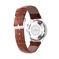 Men's silver Vulcain watch with leather strap Cricket Tradition Brown Calf Skin Leather Alligator - Printed Steel Case Back - Black & Gold 39MM Automatic