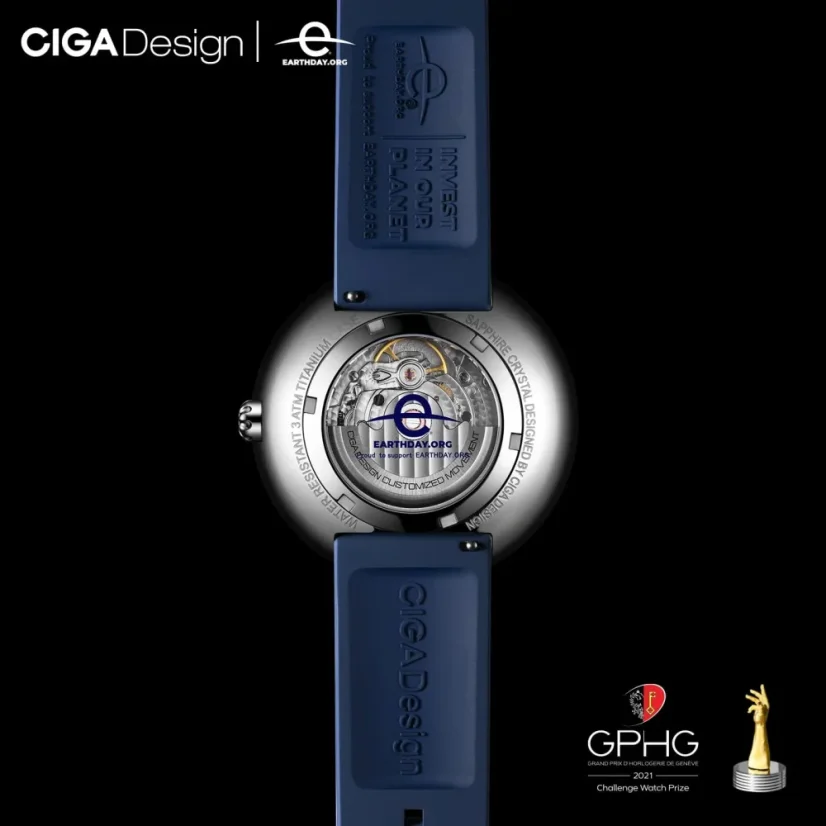 Herrenuhr aus Silber CIGA Design mit Gummiband U Blue Planet Steel 46MM Automatic