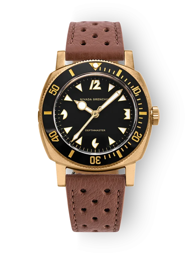 Men's gold Nivada Grenchen watch with leather strap Depthmaster Bronze 14123A23 Brown Racing Leather 39MM Automatic