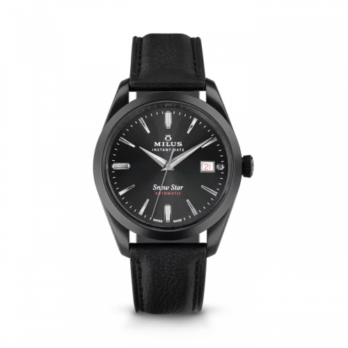 Czarny męski zegarek Milus Watches ze skórzanym paskiem Snow Star Dark Matter 39MM Automatic