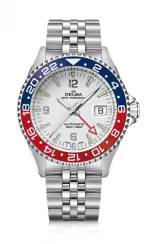 Męski srebrny zegarek Delma Watches ze stalowym paskiem Santiago GMT Meridian Silver / White Red 43MM Automatic