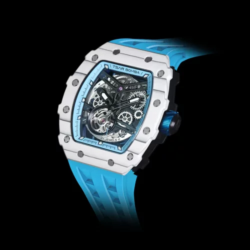 Biele pánske hodinky Tsar Bomba Watch s gumovým pásikom TB8208CF - White Blue Automatic 43,5MM
