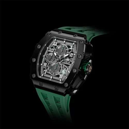 Relógio de homem Tsar Bomba Watch preto com pulseira de borracha TB8204Q - Black / Green 43,5MM